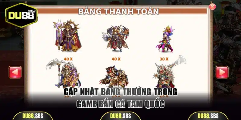 Cập nhật bảng thưởng trong game bắn cá Tam Quốc
